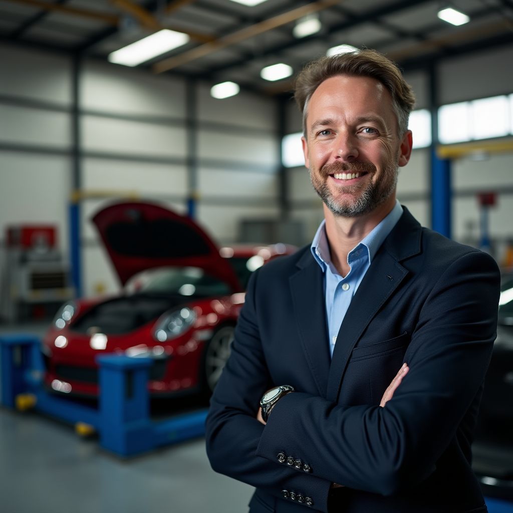 Director de gran instalación de reparación automotriz en taller moderno