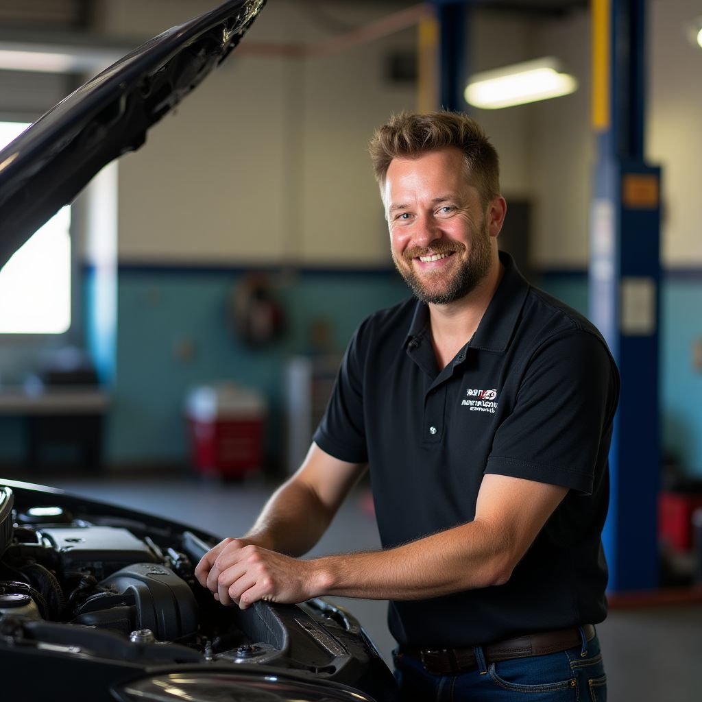 Propietario de pequeño taller familiar automotriz cliente satisfecho